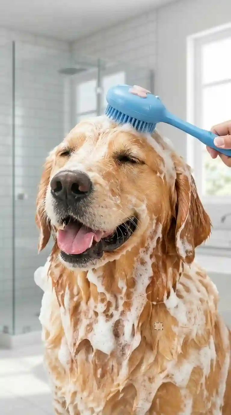 Cepillo para baño de mascotas con dispensador de jabón